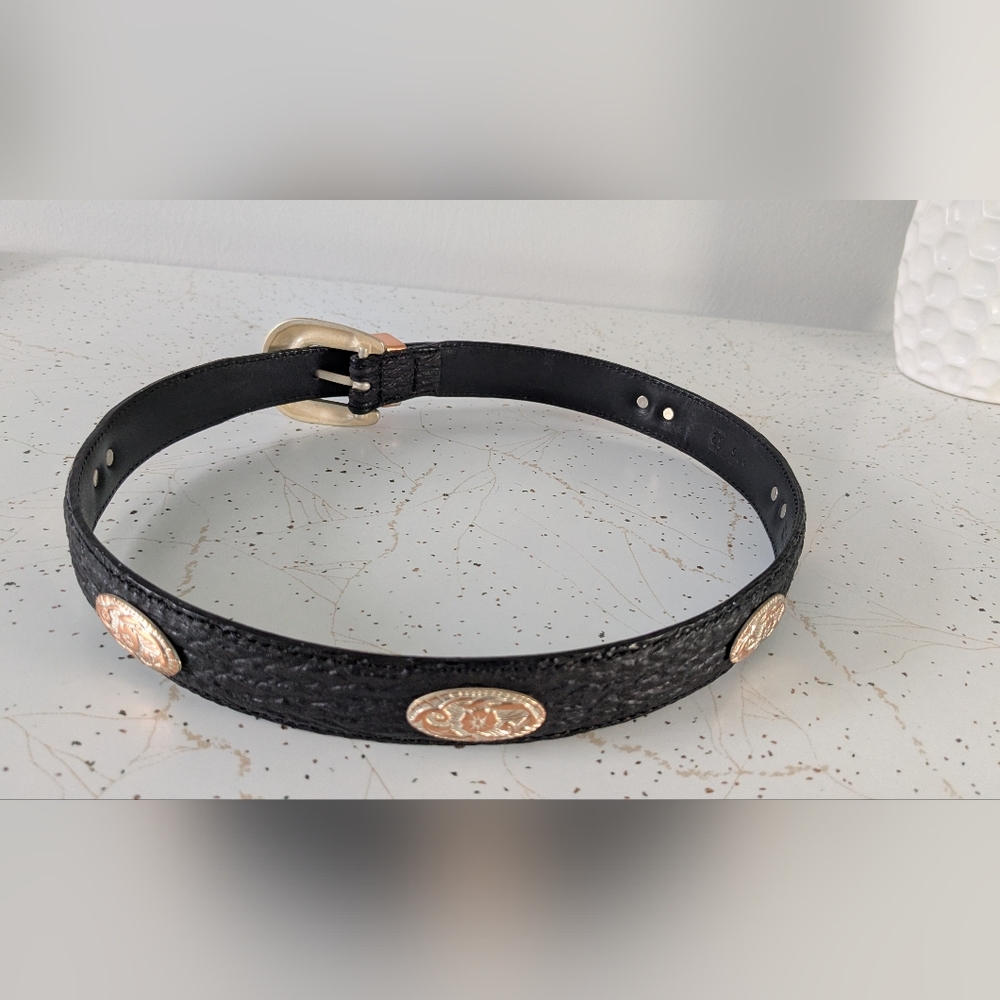 Genuine Leather Gold and Black Textured Leather Belt with Decorative Ornaments